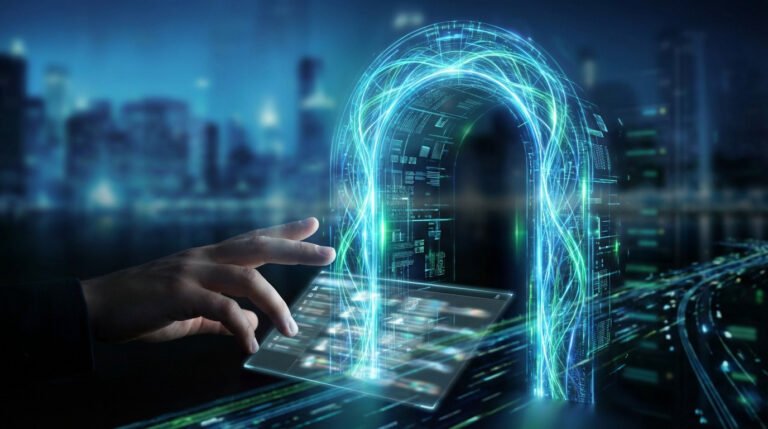 Main interagissant avec interface holographique devant un portail numérique lumineux bleu-vert, symbolisant l'accès sécurisé et le futur digital.