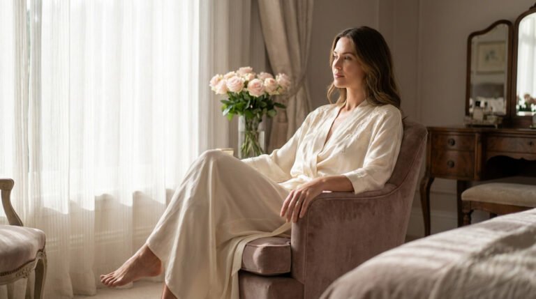 A woman in an ivory silk robe sits serenely in a plush chair by a sunlit window, surrounded by elegant bedroom decor.
