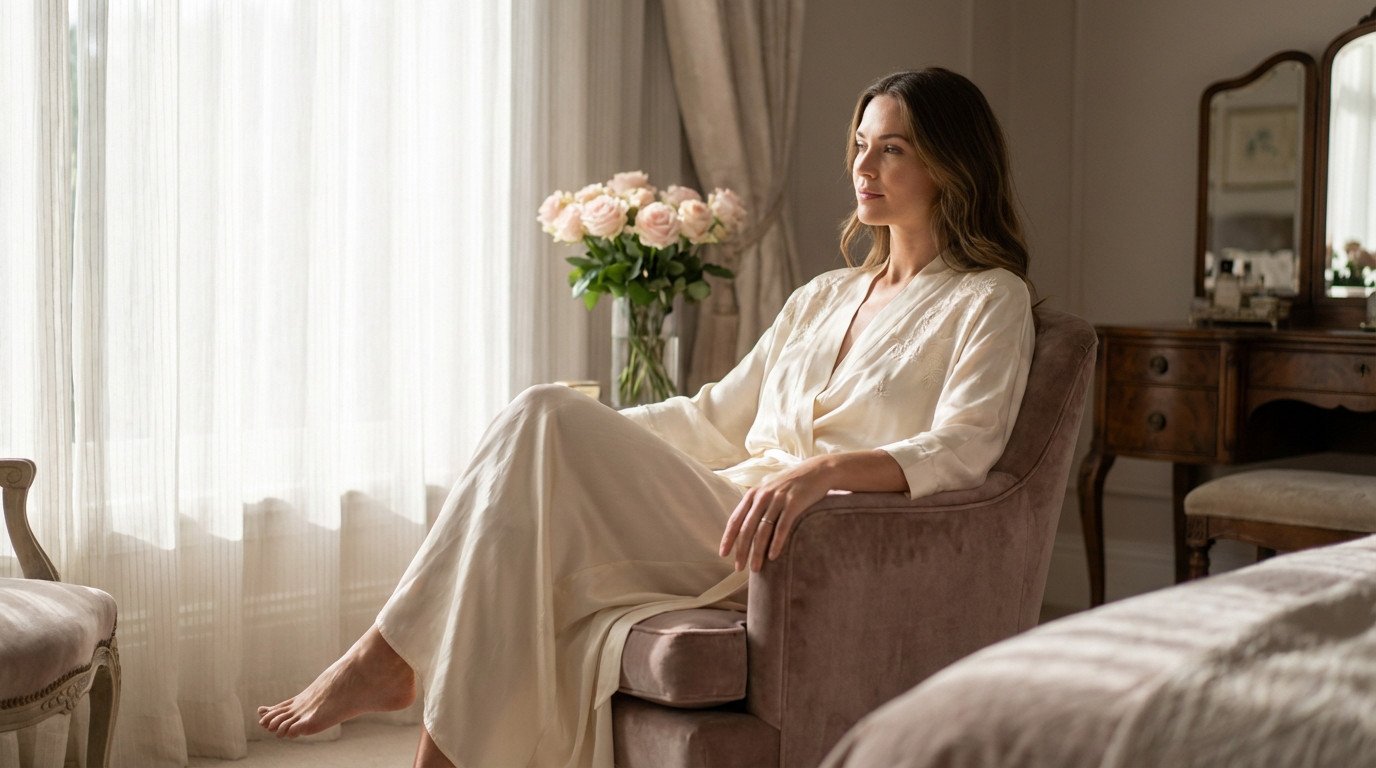 A woman in an ivory silk robe sits serenely in a plush chair by a sunlit window, surrounded by elegant bedroom decor.