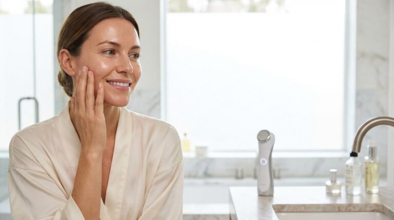 A woman with radiant, healthy skin smiles, gently touching her cheek. A modern skincare device is subtly in the background.