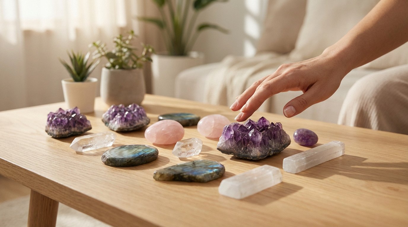 A hand hovers over an amethyst geode, surrounded by various crystals (rose quartz, labradorite, clear quartz, selenite) on a wooden table in a soft-lit room.