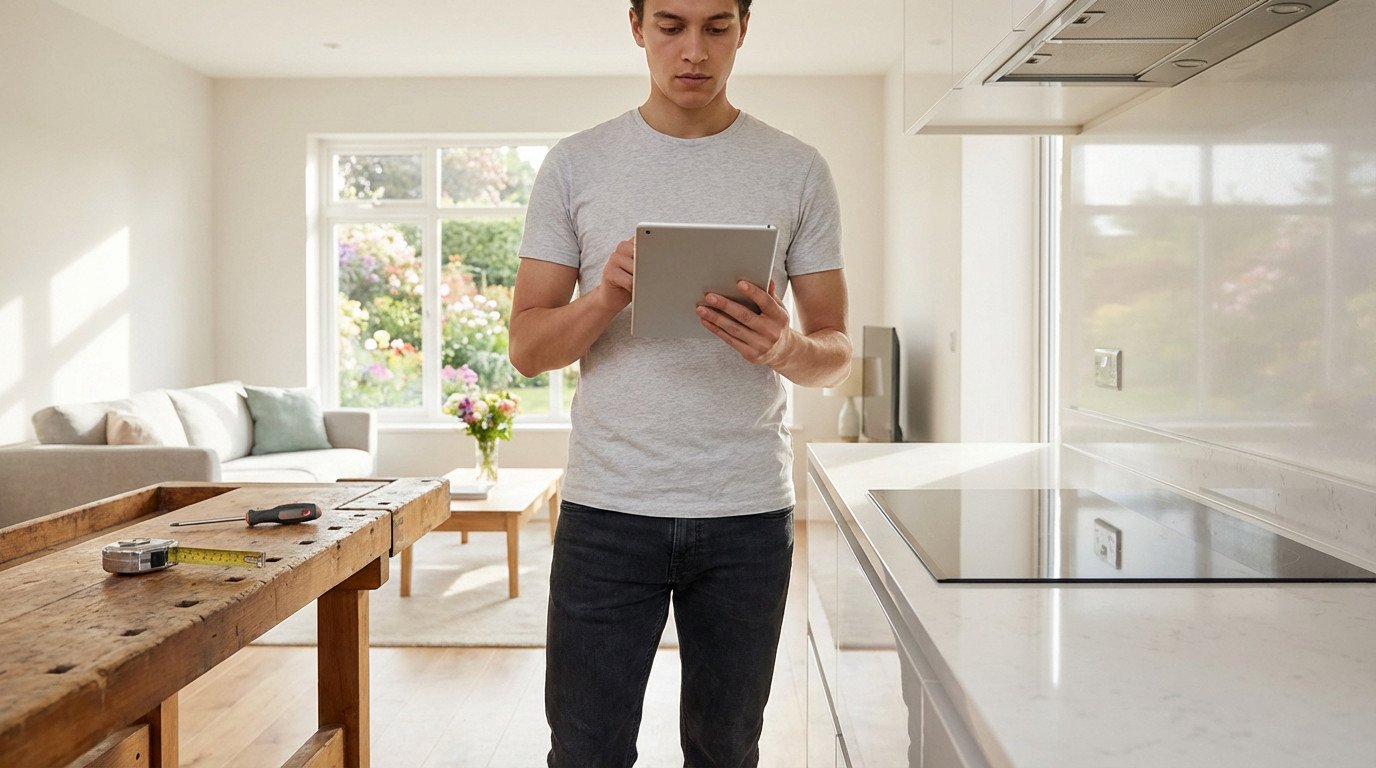 Young man planning home projects on tablet in a bright, modern open-plan home, with DIY tools and garden view.