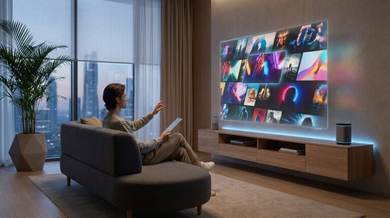 Person interacting with a large holographic screen displaying diverse streaming content thumbnails in a sleek, modern living room.