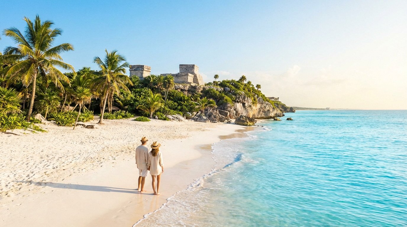 Two people on a white sand beach with turquoise water, facing ancient Mayan ruins on a cliff surrounded by palm trees.