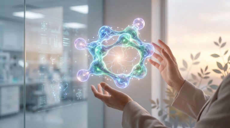 Hands observe a luminous blue, green, and purple molecule, blending a futuristic lab with serene natural light and plants.