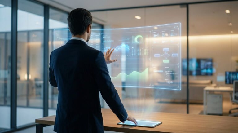 Homme en costume interagit avec une interface holographique lumineuse affichant graphiques et données. Une tablette est sur le bureau moderne.