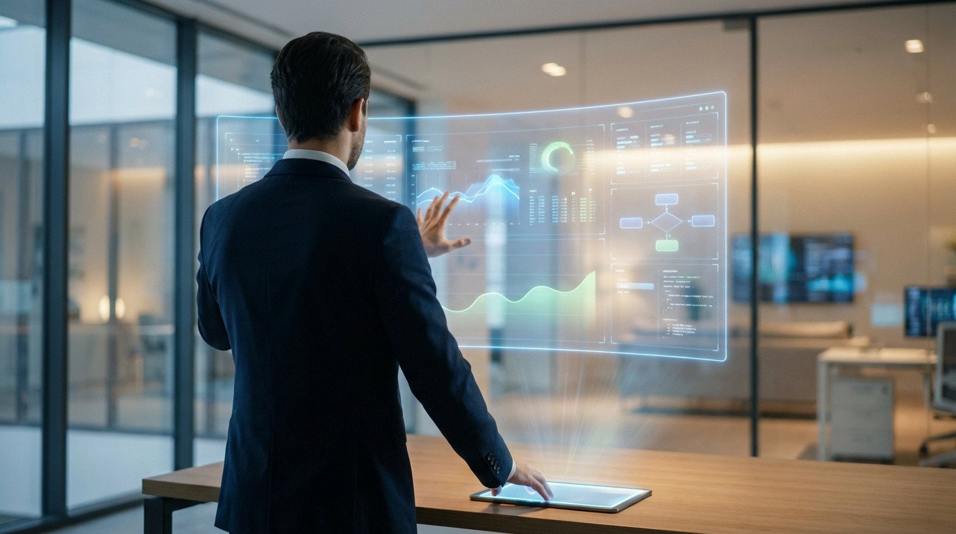 Homme en costume interagit avec une interface holographique lumineuse affichant graphiques et données. Une tablette est sur le bureau moderne.