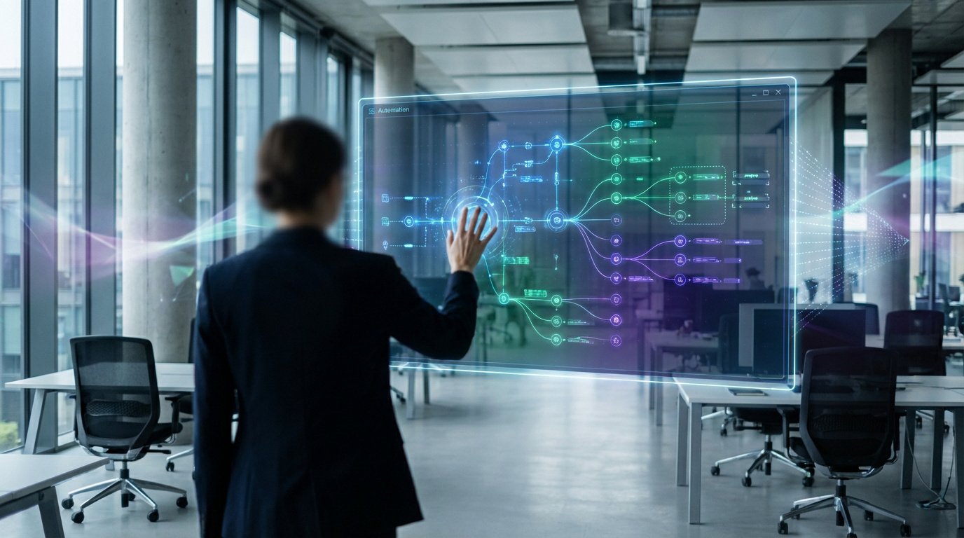 Une personne en costume interagit avec un grand écran holographique affichant un diagramme d'automatisation dans un bureau moderne.