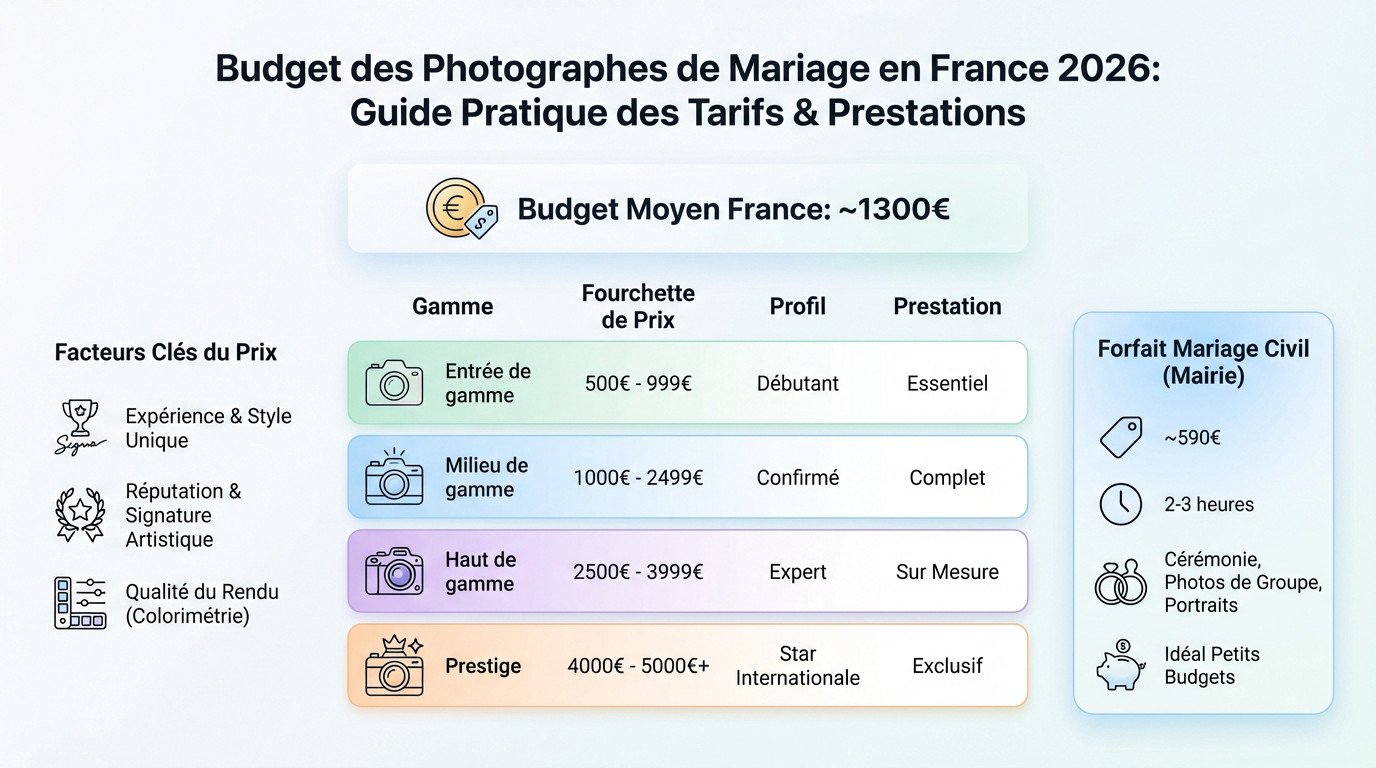 Tableau des tarifs moyens d'un photographe de mariage en France pour 2026