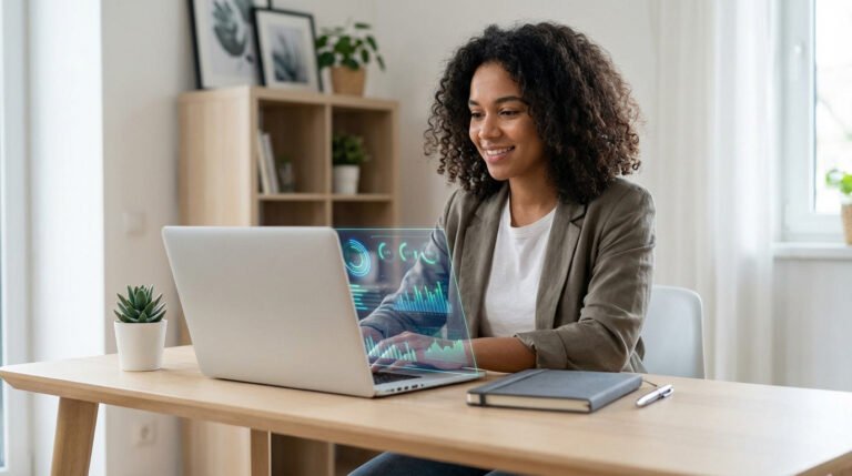 Jeune femme souriante, peau foncée, cheveux bouclés, travaille sur un ordinateur portable affichant des données holographiques dans un bureau moderne.