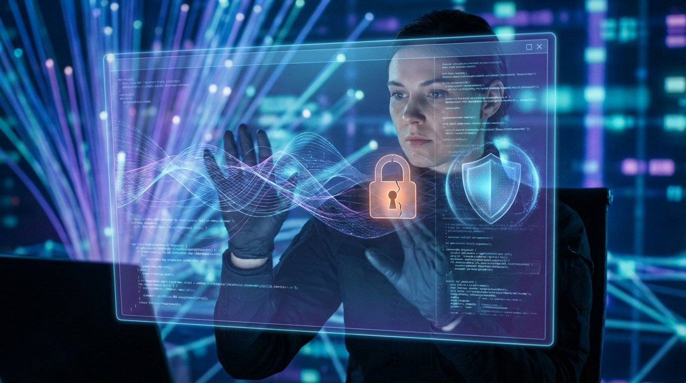 Figure devant écran holographique affichant code, un cadenas brisé et un bouclier lumineux, symbolisant vulnérabilités et sécurité numérique.