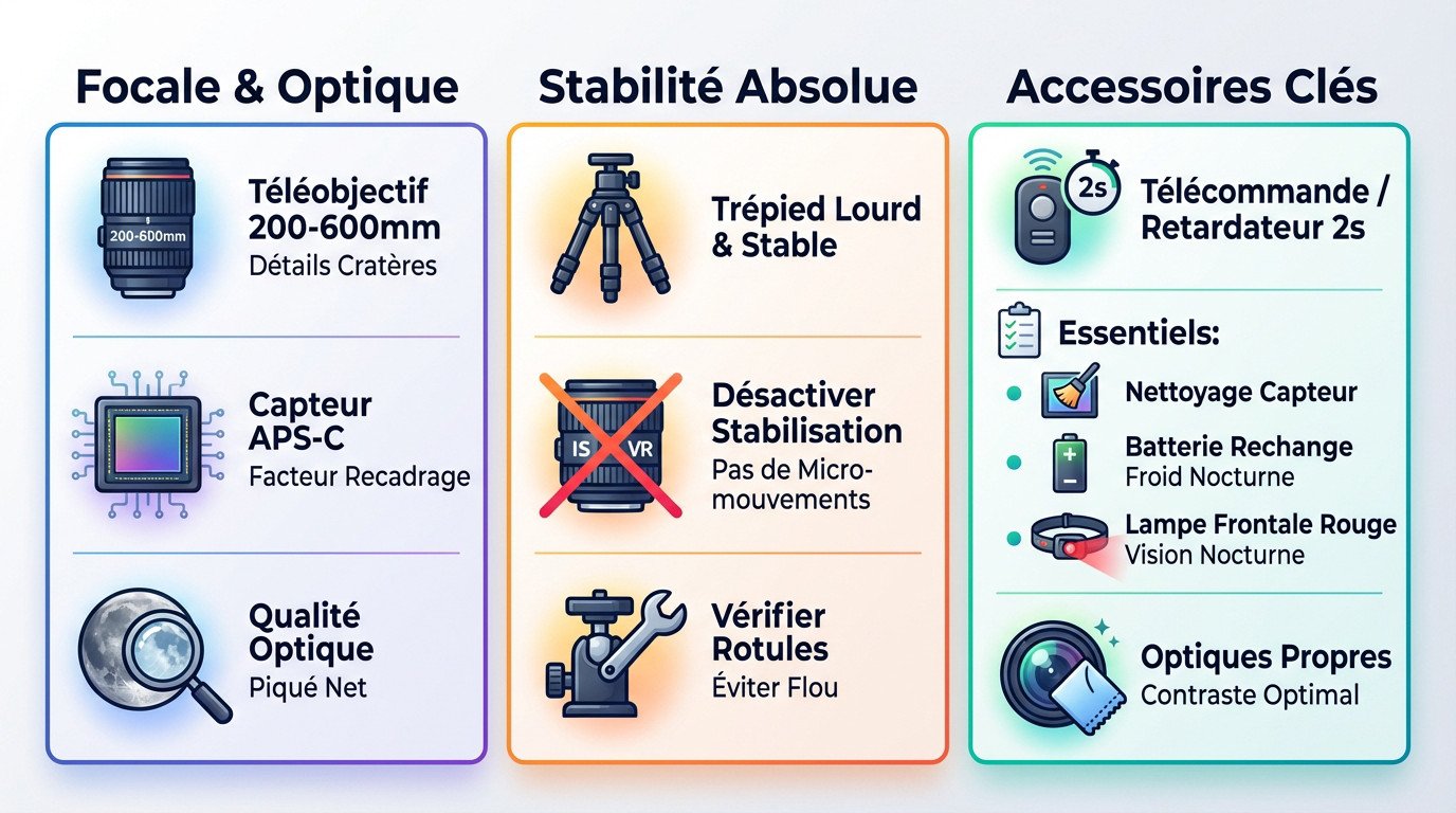 Matériel photo pour capturer la lune avec trépied et téléobjectif