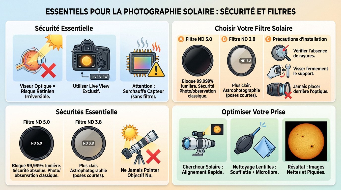 Matériel de protection et filtres pour photographier le soleil en toute sécurité