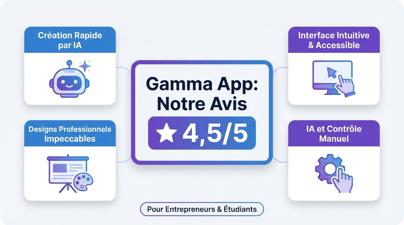Infographie présentant les atouts clés de Gamma App et sa note de 4,5 sur 5
