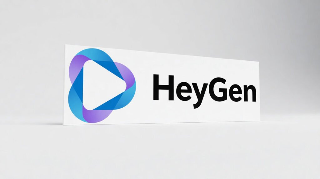 Logo HeyGen sur une surface blanche, montrant un bouton de lecture stylisé en bleu et violet et le texte "HeyGen" en noir.