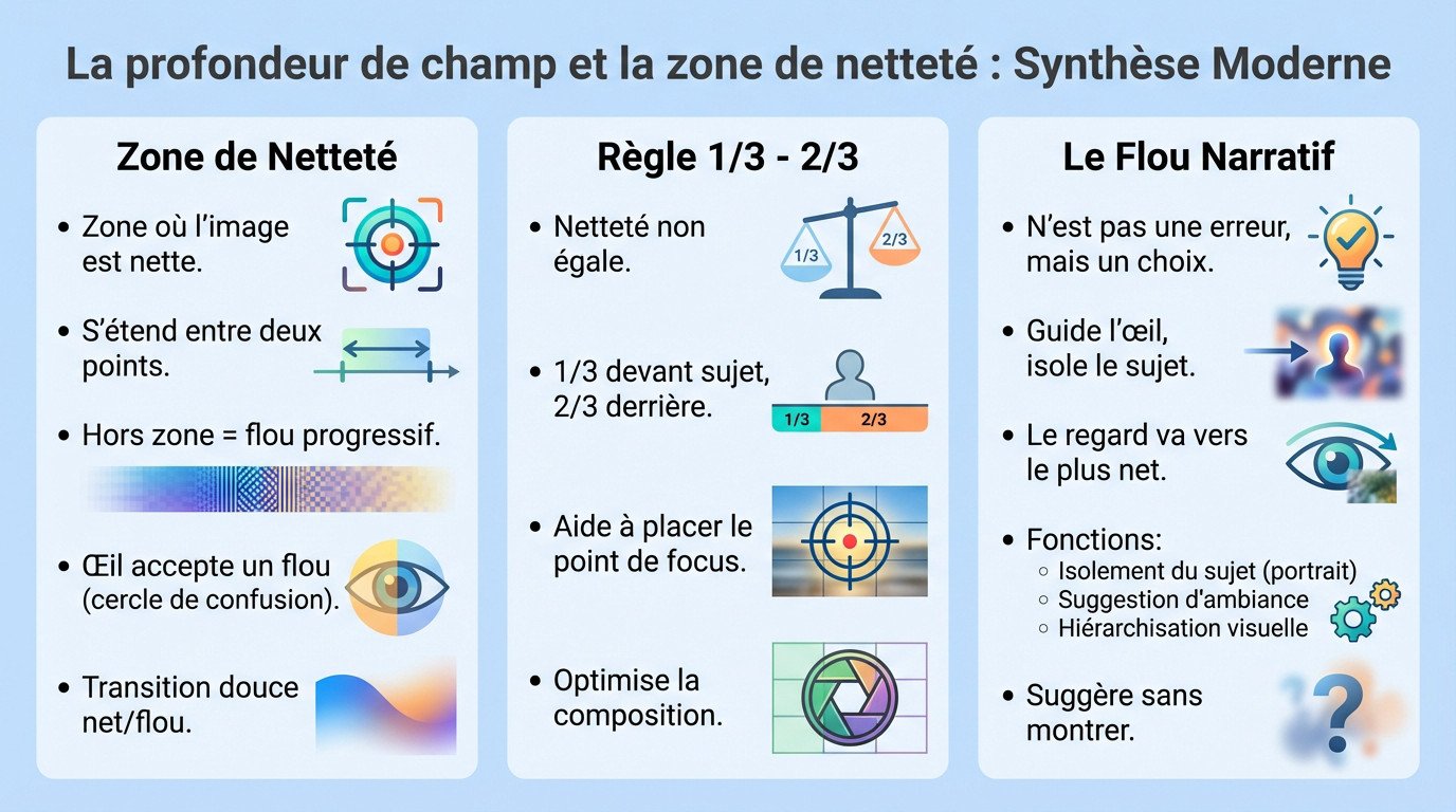 Schéma explicatif de la profondeur de champ et de la répartition de la netteté en photographie