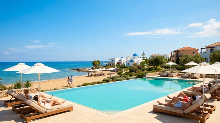 Vibrant Cretan resort with people relaxing by a turquoise infinity pool overlooking a golden beach and the Aegean Sea. White Greek buildings and lush foliage under a blue sky.