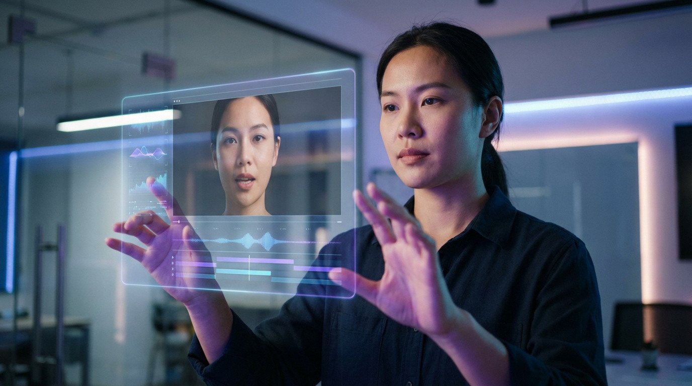 Une femme concentrée interagit avec une interface holographique affichant un visage et des outils d'édition vidéo et audio. Technologie IA.