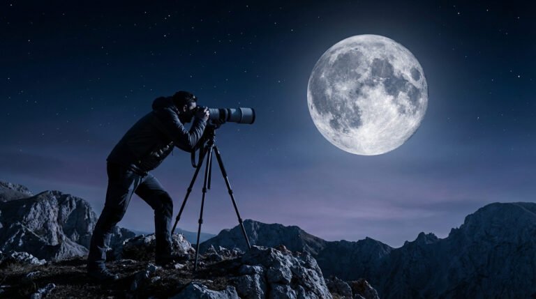 Photographe avec téléobjectif sur trépied, vise la pleine lune brillante dans un ciel étoilé au-dessus de montagnes rocheuses.
