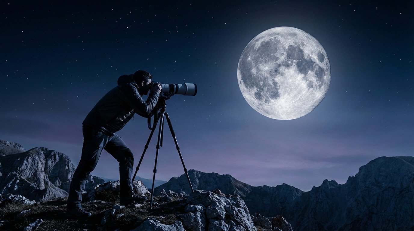 Photographe avec téléobjectif sur trépied, vise la pleine lune brillante dans un ciel étoilé au-dessus de montagnes rocheuses.