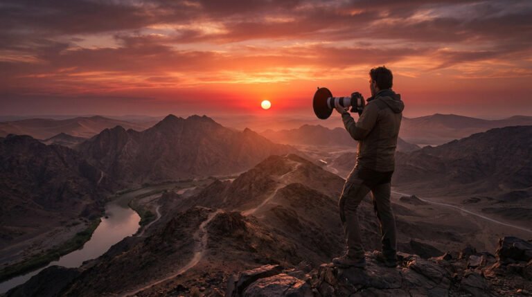 Un photographe sur une crête rocheuse pointe un téléobjectif vers un soleil couchant éclatant sur un paysage montagneux avec rivière.