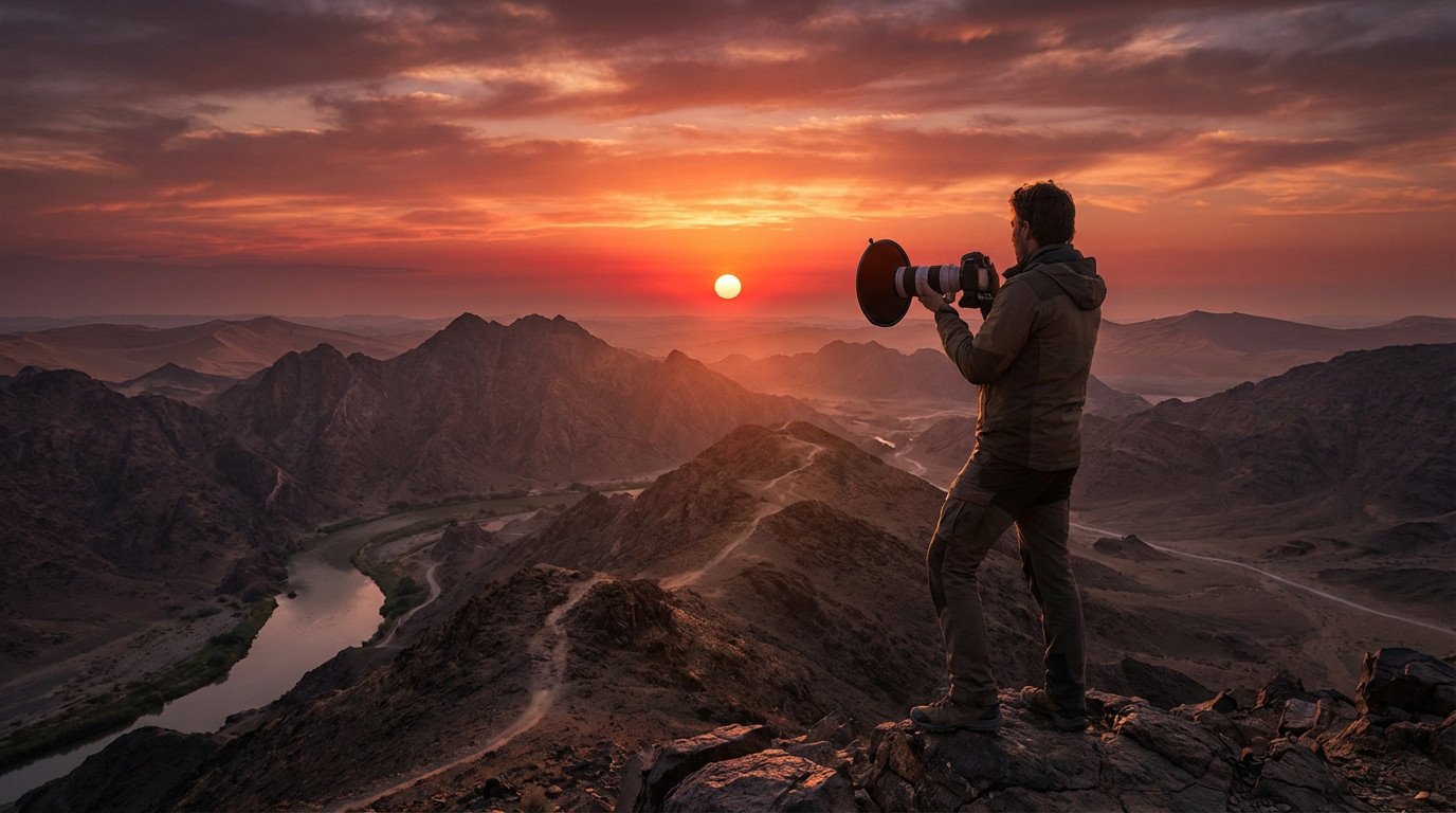 Un photographe sur une crête rocheuse pointe un téléobjectif vers un soleil couchant éclatant sur un paysage montagneux avec rivière.