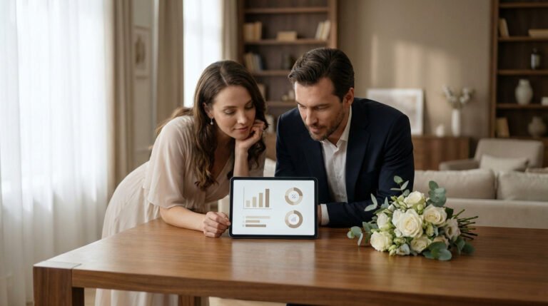 Un couple examine des graphiques de budget de mariage sur une tablette, avec un bouquet de roses blanches sur la table.