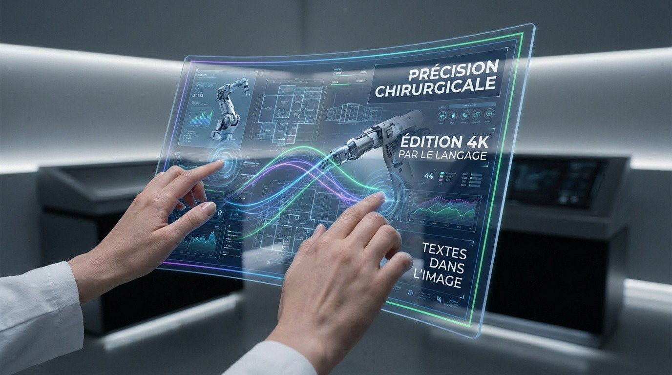 Mains interagissant avec un écran holographique transparent affichant des données, schémas de robots et texte sur l'IA.