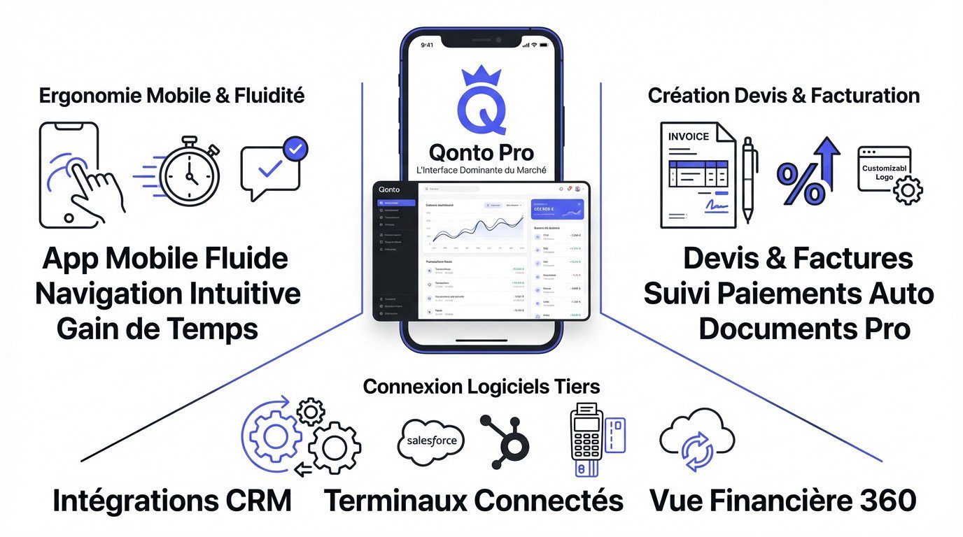 Interface de gestion du compte professionnel Qonto sur mobile et ordinateur