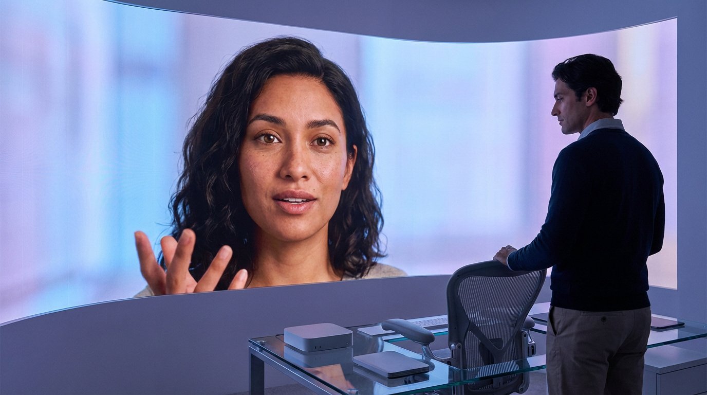 Un homme regarde un avatar féminin réaliste projeté sur un grand écran incurvé. Un bureau moderne avec des appareils est visible.