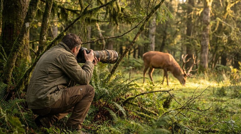 Un photographe accroupi prend en photo un cerf broutant dans une forêt moussue et verdoyante, sous une lumière dorée.
