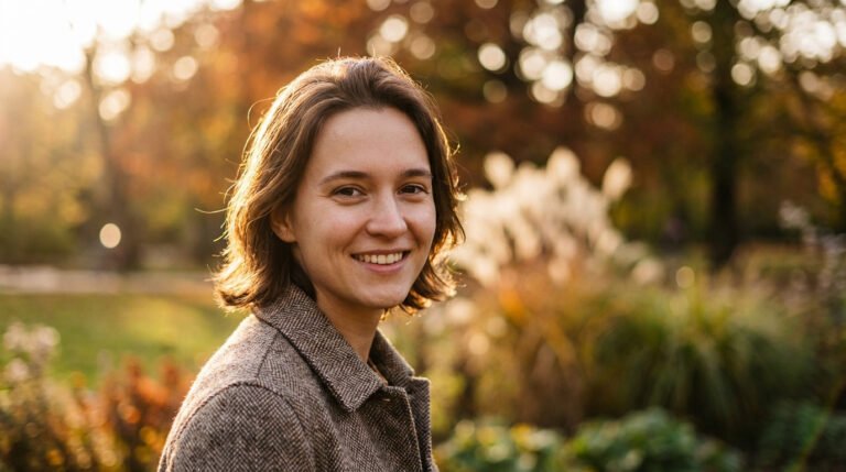 Portrait d'une jeune femme souriante, cheveux bruns, rétroéclairée par le soleil. Arrière-plan flou de parc automnal.