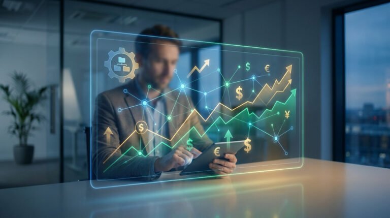 Un homme en costume analyse des graphiques de croissance financière et des symboles monétaires holographiques sur une tablette, dans un bureau moderne.