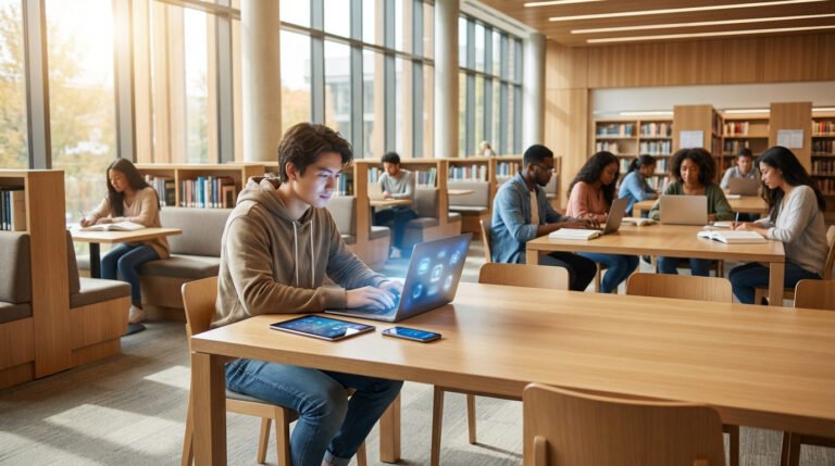 Étudiants divers travaillant sur laptops et livres dans une bibliothèque moderne. Un étudiant utilise un laptop affichant des icônes lumineuses d'applications.