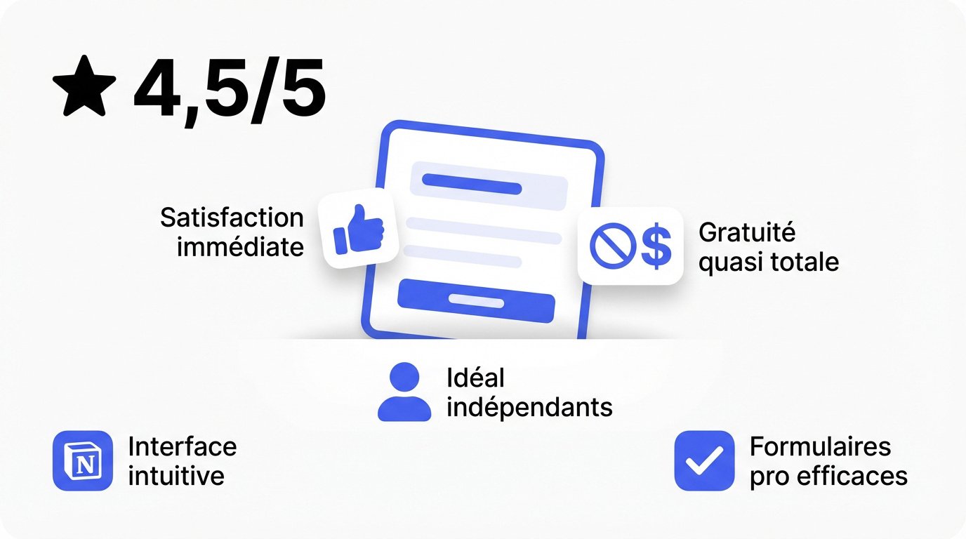 Évaluation de l'outil Tally avec une note de 4,5 sur 5 mettant en avant son aspect gratuit et intuitif