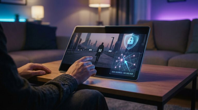 Personne interagissant avec une tablette affichant un film, un bouclier de sécurité et une carte "NEW ADDRESS - SECURE HUB" dans un salon.