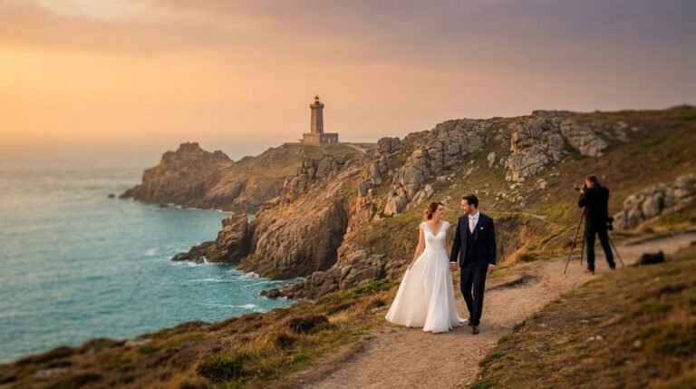 Un couple de mariés et un photographe sur un sentier côtier. Un phare et la mer au coucher du soleil en Bretagne.