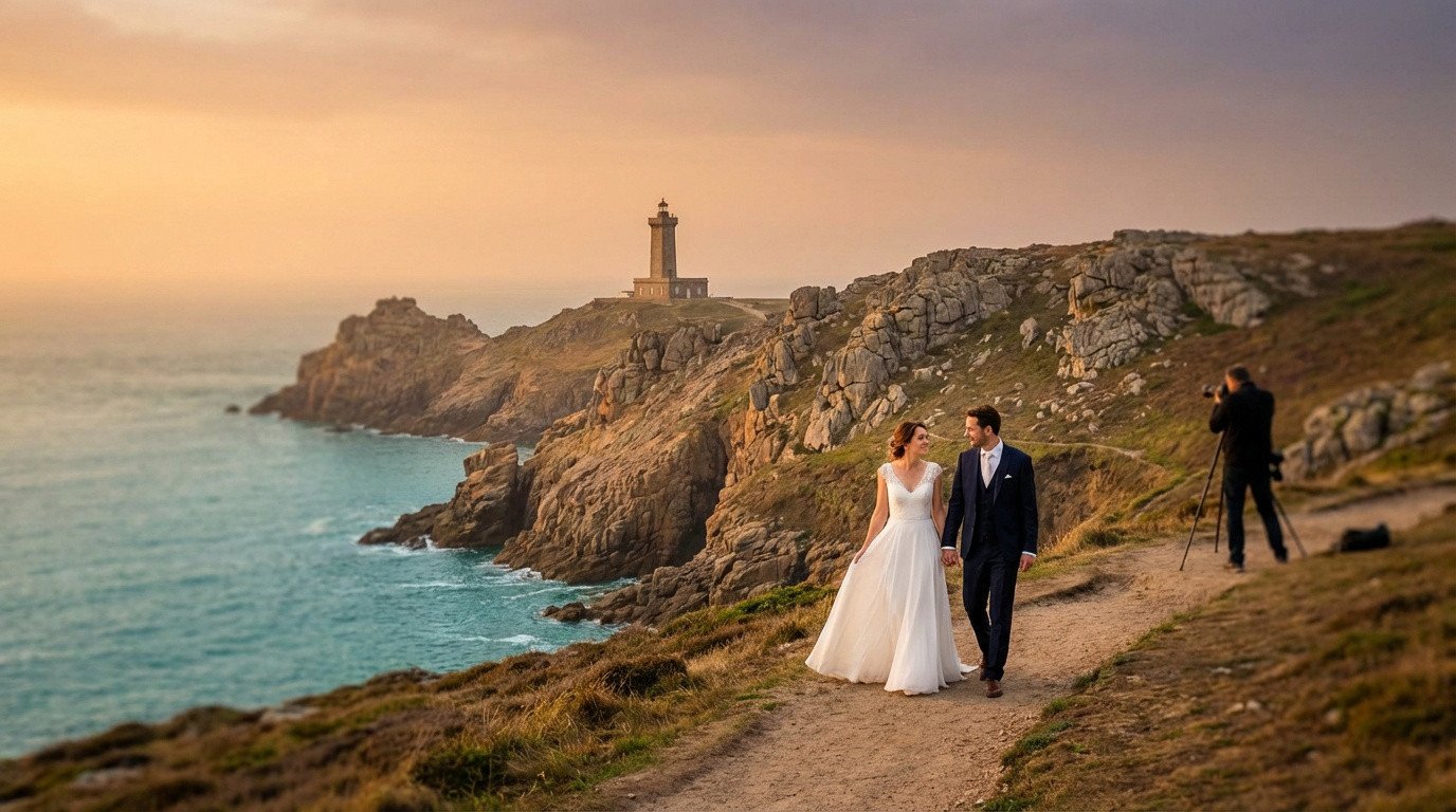 Un couple de mariés et un photographe sur un sentier côtier. Un phare et la mer au coucher du soleil en Bretagne.