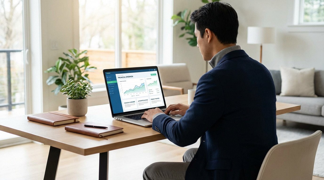 Un homme travaille sur un ordinateur portable affichant un tableau de bord financier avec graphiques, dans un bureau moderne et lumineux.