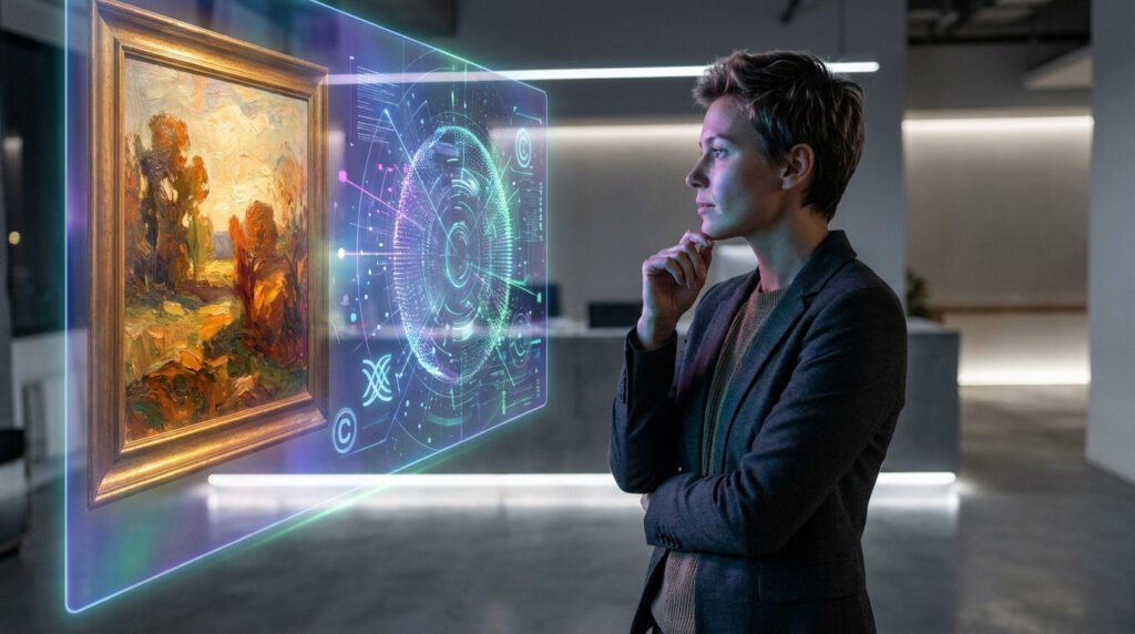 Une femme contemple un tableau et des données IA affichées en hologramme, avec un symbole de copyright.