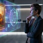 Une femme contemple un tableau et des données IA affichées en hologramme, avec un symbole de copyright.