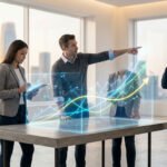 Trois professionnels analysent des données de croissance holographiques sur une table interactive dans un bureau moderne.
