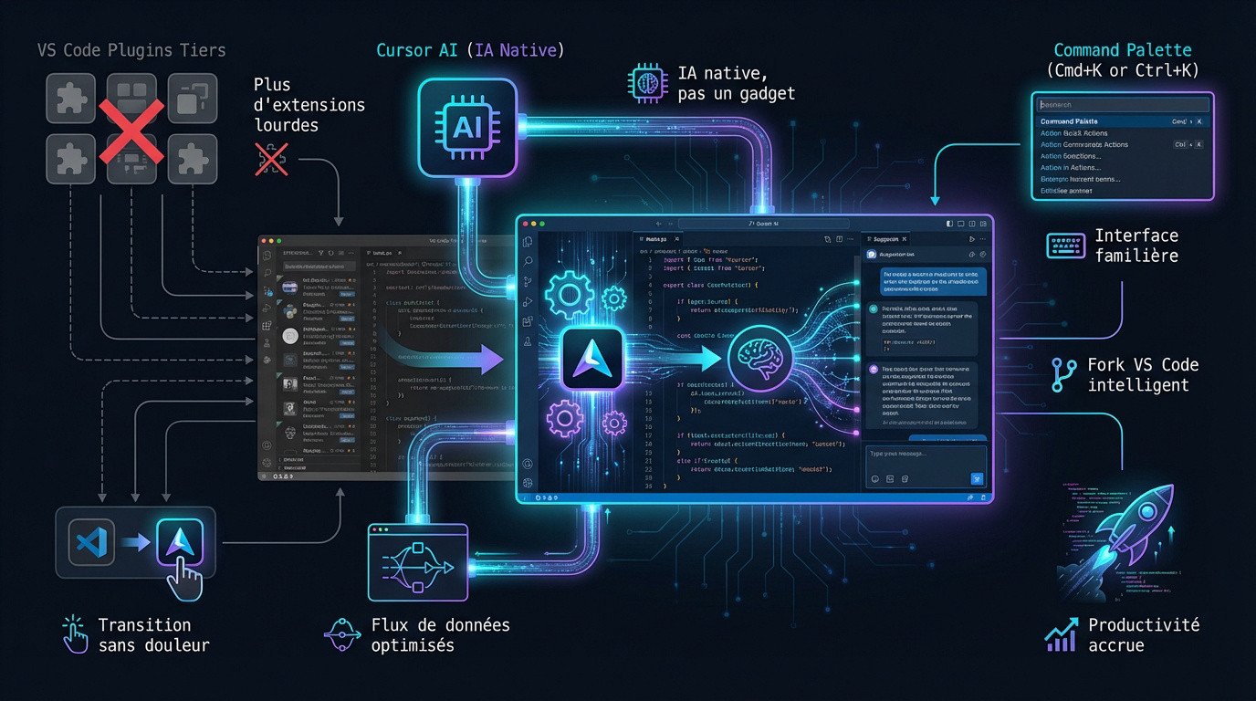 Interface de l'éditeur Cursor AI montrant l'intégration native de l'intelligence artificielle pour le développement de code