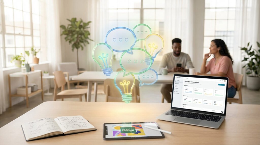 Bureau moderne avec cahier d'idées, tablette et ordinateur. Ampoules et bulles de pensée symbolisant créativité. Deux personnes floues.