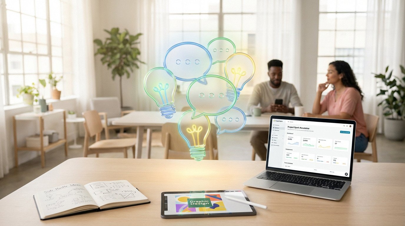 Bureau moderne avec cahier d'idées, tablette et ordinateur. Ampoules et bulles de pensée symbolisant créativité. Deux personnes floues.
