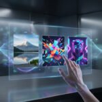 Main interagissant avec un écran holographique affichant des images IA (paysage, formes abstraites, portrait futuriste) dans un décor high-tech.