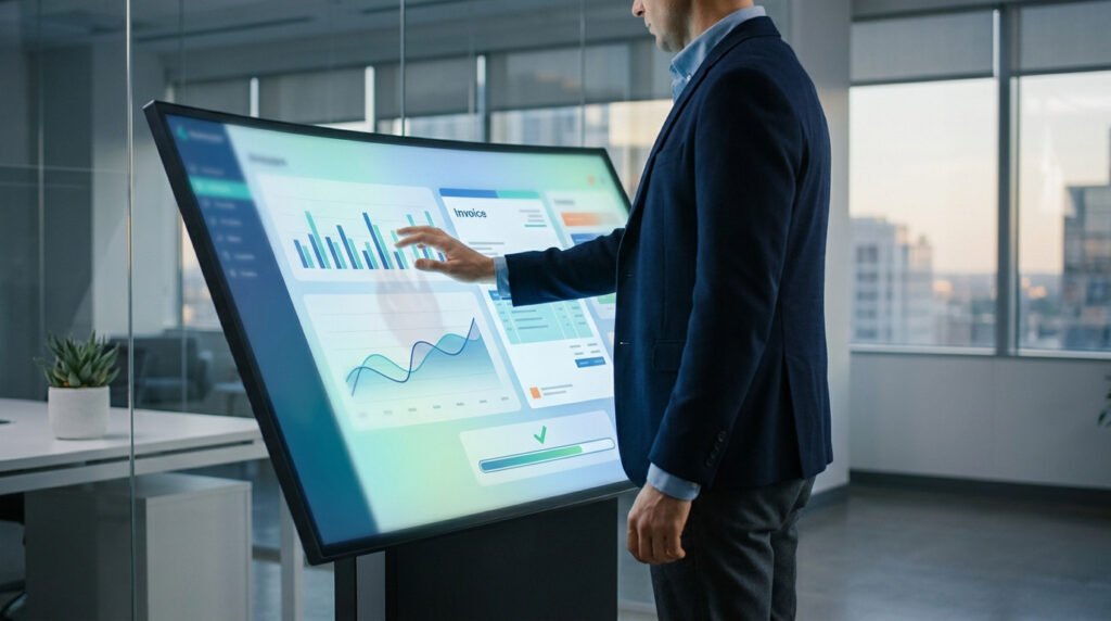 Homme en costume interagit avec un grand écran tactile affichant des graphiques financiers et des données d'analyse en bureau moderne.