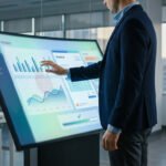 Homme en costume interagit avec un grand écran tactile affichant des graphiques financiers et des données d'analyse en bureau moderne.