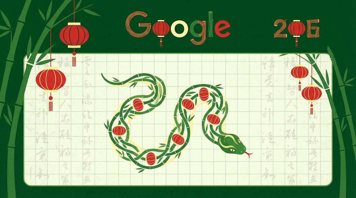 Illustration du jeu Google Serpent pour l'année du serpent de bois avec lanternes et motifs traditionnels