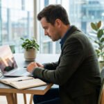 Un homme en blazer travaille attentivement sur son ordinateur portable dans un bureau moderne et lumineux, avec carnet et café.